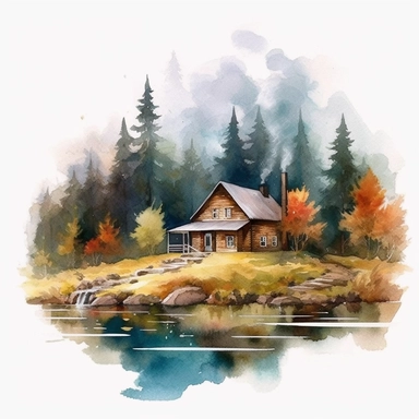 Watercolor Mountain far away, Forest House Near Creek Clipart