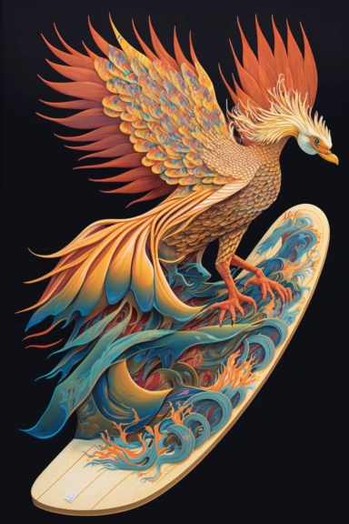 a painting of a standing Golden-pheasant riding kanagawa wave on a longboard surfboard, behance contest winner, psychedelic art, paisley, beautiful waves in sea, james jean and clyde caldwell, clipart, hi - fructose art magazine, katherine lam, artgram, marc newsom, sovietwave,