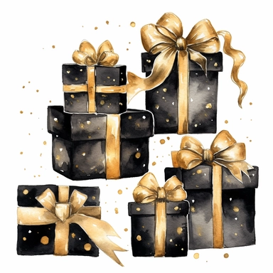 Cute Christmas present black and gold watercolor Clipart