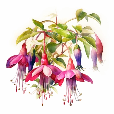 a watercolour painting of a fuchsia flower, in the style of uhd image, dansaekhwa, traditional, flourishing botanicals, exotic, white background, colorful, antique clipart, vibrant intense colors, photorealistic botanical drawing