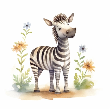 Watercolor illustration of a adorable happy full body zebra, garden, organic forms, muted tones, soft, hazy brushstrokes, bruno munari, tsubasa nakai, simple designs, bloomcore, clipart, isolated on a white background, hd, beautiful