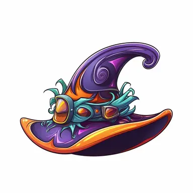 A spooky witch hat with a wide brim, tall with a curved point. The hat is adorned with a colorful band and a decorative buckle, giving it a touch of charm. White background, vector, cartoon clipart, contour.