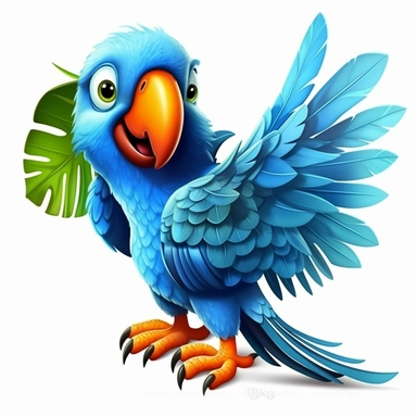 a cartoon like blue parrot with an orange beak, full body, full of blue feathers, flying in the air, children book style illustration, clipart style, HD, highly detailed, no watermark –ar 3:2 634894548