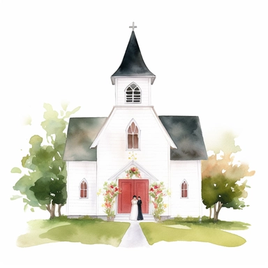 watercolor painting of wedding chapel clipart on plain white background, painted in the style of yoshitomo nara