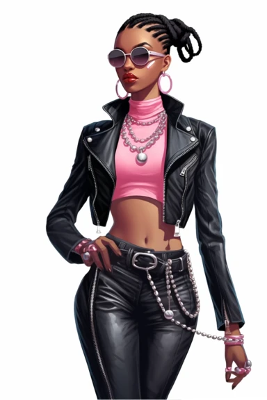Illustration detailed clip art illustration on a white background, pose full-length model black woman Musier Paris Kelsey biker jeans jacket and chocker with body jewelry, long thick braided hair, cute nose, makeup, lips fashion pink, elegant classy, shiny colors, hyper details sticker art, elegant, modeling,