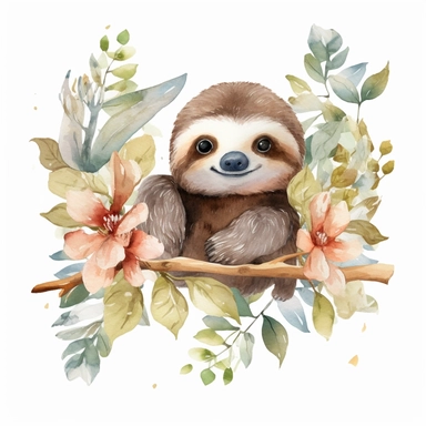 watercolor clipart, white background, charming cute and adorable perfect sloth having fun, perfect for stickers, perfect for print on demand