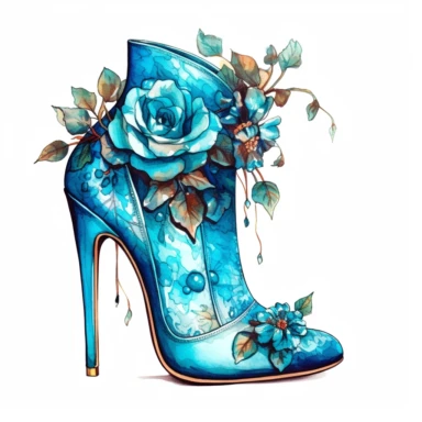watercolor clipart of vintage turquoise high heel shoes, floral, color pencil drawing, nice composition, vector, outline, isolated white background, 16k