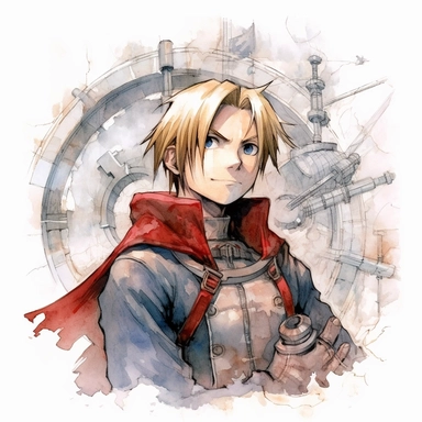 Watercolor fullmetal alchemist brotherhood, high quality, high details, pencil draw style, white backgroun, clipart, 8k, f1