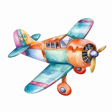 cute colorful airplan clipart, for childish cards, detail, illustration style, high solution, Watercolor, on the white background, hd