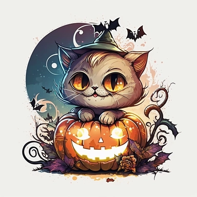 cute halloween cat , joyful mood , design for tshirts + white background + retro vintage style ,clipart drawing,clipart image,high definition drawing,clean colors,balanced colors,detailed drawing
