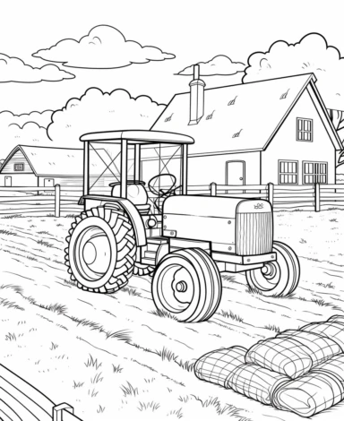 Tractor and Hay Bales coloring page with Farming background design as an outline art drawing with thick bold clear lines that are neatly joined up together, outline, clipart, no colors, no shadows, no details, HD