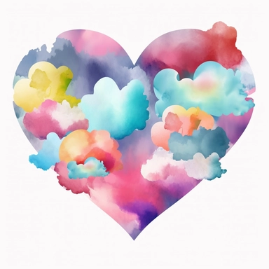 Heart Clouds Colorful Watercolor Sublimation Clipart, Clipart, white background, no watermark, no text, no word,
