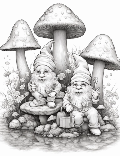 light gray and bubbles, two humanoid gnomes are sitting on a huge mushroom, highly detailed clipart, hdr, 32K, photo expert quality, greatest for coloring realistic, hyperrealistic and highly detailed, coloring book pages, isolated on a white background
