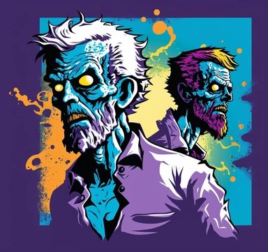 two zombie zombies vector illustration and cartoon illustration, human life and death png clipart, in the style of light purple and sky-blue, alson skinner clark, ben wooten, embroidery art, digital expressionism, dark orange and light gray, pop art consumer culture