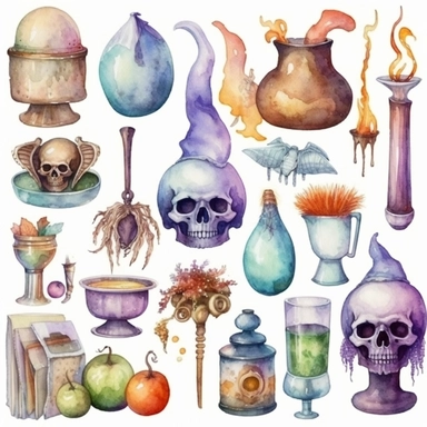 Halloween watercolor clipart postcard elements sweets, pumpkin, bones, lollipop, eyeball, witch hat, cauldron, haunted house, skull, coffin, potions, Magic ball