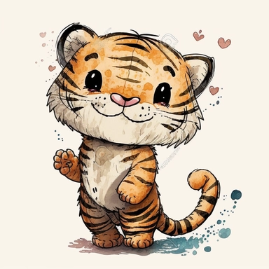 watercolor, lineart, happy friendly cute kawaii adorable chibi tiger, pixar style studio ghibli anime cartoon, character design, intricate details, realistic colors, clipart isolated on white background