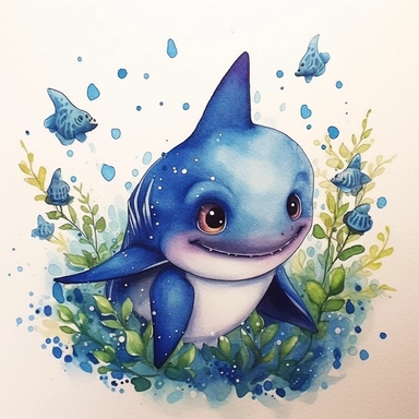 cutest little nursery shark with big eyes, full body, pen and ink with watercolor, seaweed, jelly fish, little fish, pearlescent horn, sparkles, glittery, clipart sheet, nurseycore