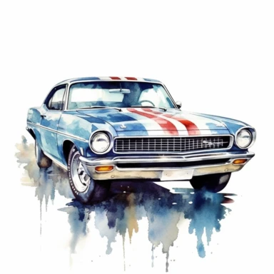 A painterly portrait of a classic American muscle car, with reflective mirrors capturing sweeping roads and breathtaking landscapes, american style, watercolor, clipart