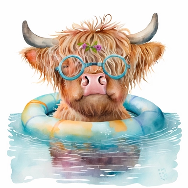 watercolor clipart of a cute happy highland cow swimming in a beach wearing swimming rings and goggles