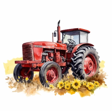 a watercolor of a tractor with sunflowers, cherry academy style, cherry red nuances, vector free clipart illustration, in the style of unreal engine 5, 32k uhd, detailed features, white background