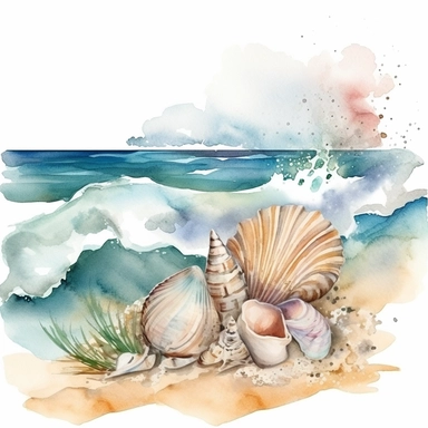 muted pastel watercolor style, Create a captivating watercolor clipart illustration capturing the moodiness of the sea and beach, Picture a rugged coastline with crashing waves and dramatic clouds, Scatter beautifully rendered seashells along the shore, showcasing their intricate textures and muted colors, Use a dark and rich color palette to evoke a sense of mystery and depth, The artwork should be high-definition, with a spacious composition and a 3:2 aspect ratio, Present the final illustrati