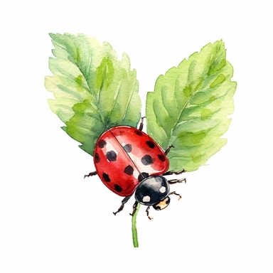 A playful ladybug playing with a leaf clipart with watercolor illustration, full body shot, 8k, etsy style, white background