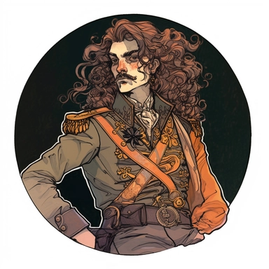Abigail Larson's portrait of a regency military uniform orientalism noble, Josh Kirby Mad Max Lord of the Rings, handpainted punk zine indie retrowave film poster, clipart illustration, circle plain solid background, circular border