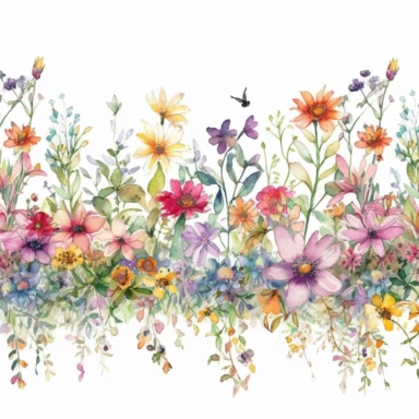 A captivating watercolor floral border clipart, replete with a riot of wildflowers, comes alive against a pristine white background, reminiscent of the loose, expressive style of English artist Helen Wells. The border is a garden of delicate blooms in a symphony of colors, its undulating pattern adding an air of romance, perfect for a wedding theme. The color temperature is a mix of warm and cool tones, echoing the diverse colors of wildflowers. No facial expressions are present, yet each flower