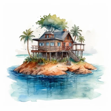 a watercolor of a tiny island in the middle of the ocean, there is a modern beach house with wooden cottage clipart, white background