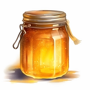 A honey jar positioned under warm sunlight, casting a beautiful golden glow on the surroundings, creating an inviting and comforting atmosphere. (Digital drawing clipart, image black border color, full body, flat texture, transparent background), watercolor