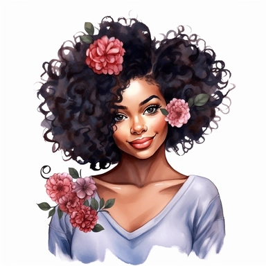 ultra detailed Black Girl Self Love Clipart, solid white background, cozy outfit, beautiful hair, super cute , super hot, self love, peaceful, floral heart, watercolor, floral, contour, PHOTOREALISM portrait , by ANIMATION