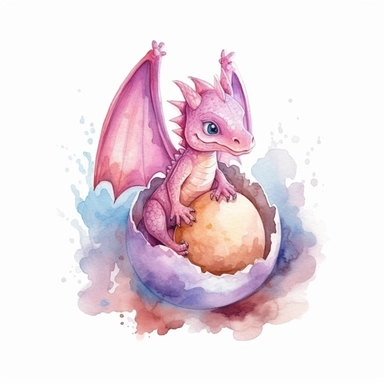 Watercolor fantasy baby dragon hatching from egg clipart full body, pink color palette, hand painted, white background