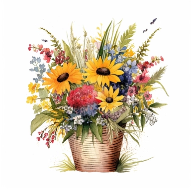 Watercolour Meadow-Inspired bouquet Extra large, Create a meadow-inspired arrangement by combining native UK and American flowers that bloom in meadows, Mix cowslips, cornflowers, and red campions from the UK with black-eyed Susans, goldenrods, and butterfly weeds from Americaplanted in a large basket watercolour flower arrangement, clipart, vector, intermingled with greenery, white background, no captions, no vase, flower bed setting, aspect 2:2 repeat 5
