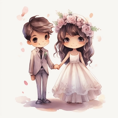 full body Little bride and groom, Watercolor Clipart, strybk, full Illustration, 4k, sharp focus, watercolor, smooth soft skin, symmetrical, soft lighting, detailed face, concept art, muted colors, watercolor style, strybk, children's style fairy tales, chibi kawaii, . Octane rendering, 3d. Perfect face, detailed face, delicate face, perfect sharp lips, detailed eyes. Craig Davison, Aubrey Beardsley, Conrad Roset, Aikut Aidogdu, Agnes Cecil, watercolor style