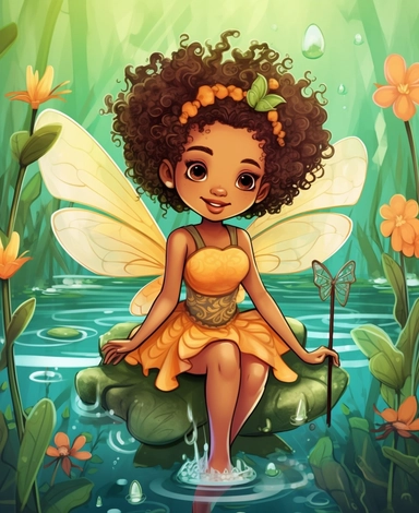Cute bi-racial fairy with curly hair, and wings, sitting on a water lily leaf in a serene pond filled with colorful fish, Kawaii for a childrens book, cartoon style, thick lines, black and white, no shading, line drawing illustration, no kid faces, no duplicate faces, blurry, drawing, cartoon, illustration, painting, concept art, cgi, unreal, anime, black&white, b&w, picture frame, deformed, bad anatomy, disfigured, poorly drawn face, mutation, mutated, extra limb, poorly drawn hands, done by ba
