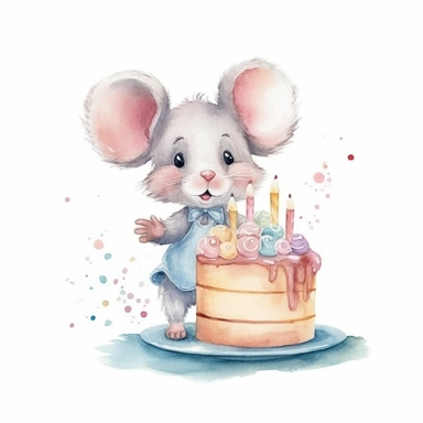watercolor illustration, cute mouse with birthday cake, friendly face expression, standing, nursery art, white background, clipart style, cute style