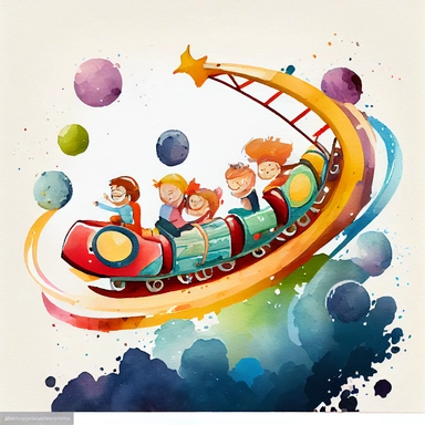 Children riding space roller coaster, watercolor Illustration clipart, 4K, extremely detailed