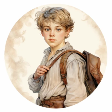very beautiful boy with schoolbag, vintage, white background, round clipart with pastel color, detailed and lovely Renaissance painting
