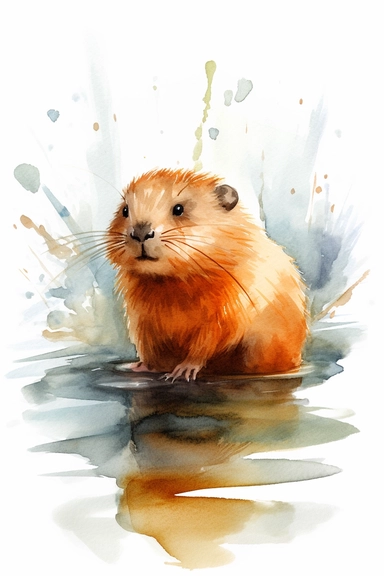 Watercolor Clipart, cute Baby beaver in water, isolated white background