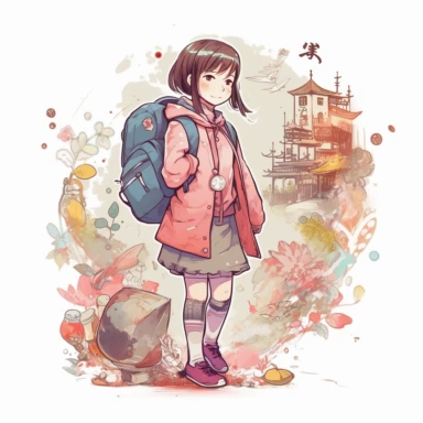 A detailed illustration of a Japanese kindergarten girl, going to school, wearing a cute backpack, style cartoon, colors, two-dimensional, planar vector, character design, T-shirt design, stickers, colorful splashes, and T-shirt design, Studio Ghibli style, soft tetrad color, vector art, fantasy art, watercolor effect, Alphonse Mucha, Adobe Illustrator, hand-painted, digital painting, low polygon, soft lighting, aerial view, isometric style, retro aesthetics, focusing on people, 8K resolution, u