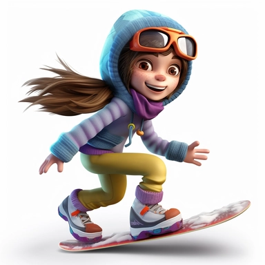 cute young girl snowboarding in action on snowboard, smiling, full body, downhill snowboard clipart, Sport graphics, wide angle, 16k polished, isolated on white background, 3d, rendered by pixar