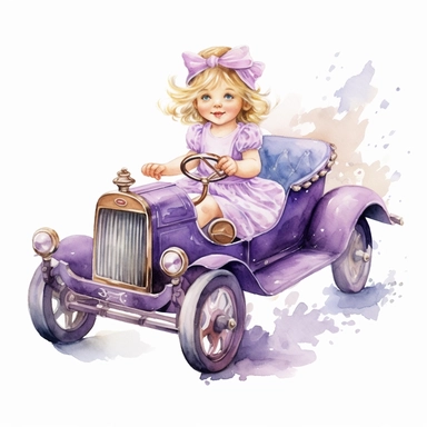 Watercolor Victorian baby girl in driving a violet ford t car from the era clipart , on a white background, Illustration clipart, 4K, extremely detailed