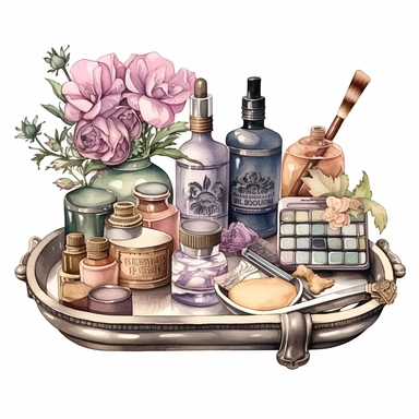 watercolor, hyper realistic, white background, white margins, 16k, ultra detailed clipart, cut out image, hand-drawn An antique-inspired vanity tray with vintage perfume bottles arranged on it, accompanied by a mirror, a brush, and other beauty accessories. Use soft and muted colors such as dusty rose, antique gold, lavender, and sage green for a vintage-inspired palette