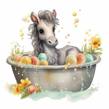 watercolor clipart, adorable cheeky looking baby horse sitting in a steel bathtub. Hyper realistic. The horse looks dozy and content. The mood is relaxing and happy. Soapy bubbles float up out of the bathtub. The horse has a pile of soap suds on its head. Soft red and yellow flowers on the ground infront of the bathtub with light grey and green strands of grass. 8K. High detail. 300 DPI. White background