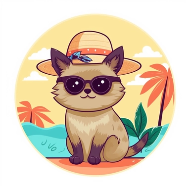 Bring the sunny vibes of summer to your designs with an adorable cartoon-style clipart of a Siamese cat enjoying the season against a clean white background. Envision a cute and playful Pomeranian with a big smile, bright eyes, and perhaps wearing a colorful sun hat or holding a beach ball. The clipart can capture the essence of relaxation and fun in the sun. Against the white background, the cartoon-style Pomeranian clipart will stand out, adding a touch of happiness and warmth to your summer-t