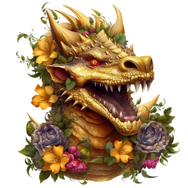 baby gold dragon, visible teeth, scary face, angry, few vibrant flowers grows on his neck, very detailed, clipart, white background