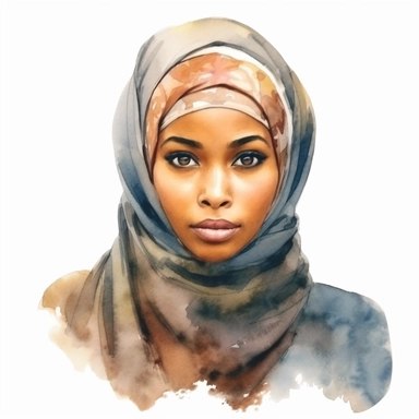 african muslim woman with hijab watercolor, white background, clipart
