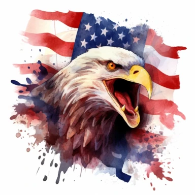 watercolor clipart of Haliaeetus leucocephalus and American flag background kills a dragon