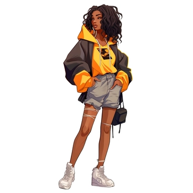 trendy black girl wearing streetwear, cartoon style, clipart