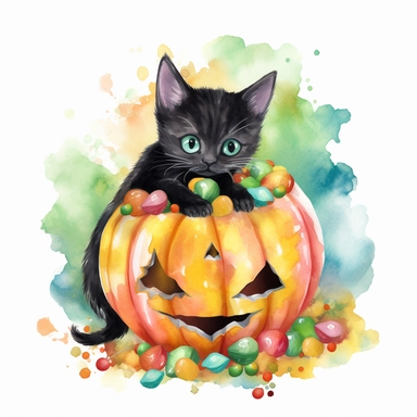 a large Halloween pumpkin, pumpkin is filled with colorful wrapped candies, lollipops, and candy corn, inside the pumpkin is a cute little black kitten with big green eyes, scattered candy is laying flat around the pumpkin, Halloween colors, magic, fantasy, watercolor, clipart style, white background with margins